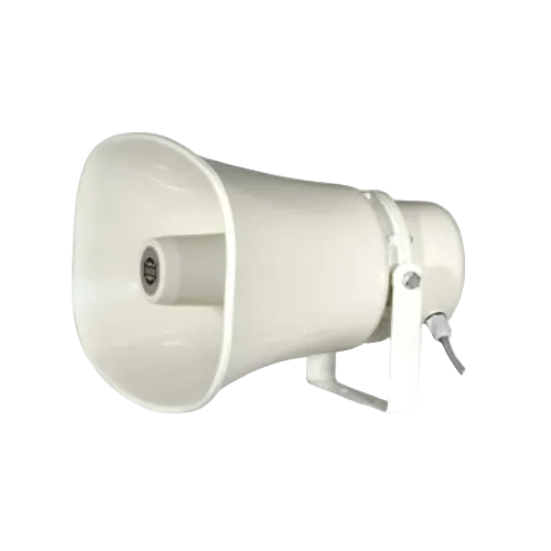 A white plastic public address speaker with a mounting bracket and attached power cord, shown against a plain white background.